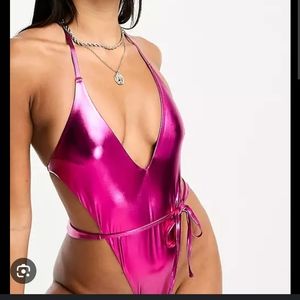 NWOT ASOS DESIGN metallic plunge super high leg swimsuit in pink US 12 and US 14